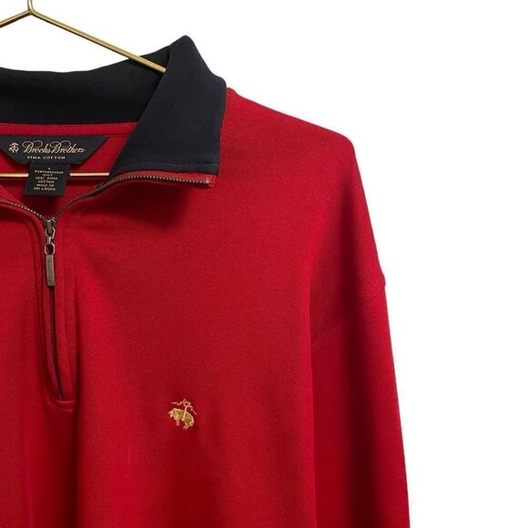 Brooks Brothers Pima Cotton Quarter Zip Long Sleeves Red Navy Size L - Picture 2 of 7